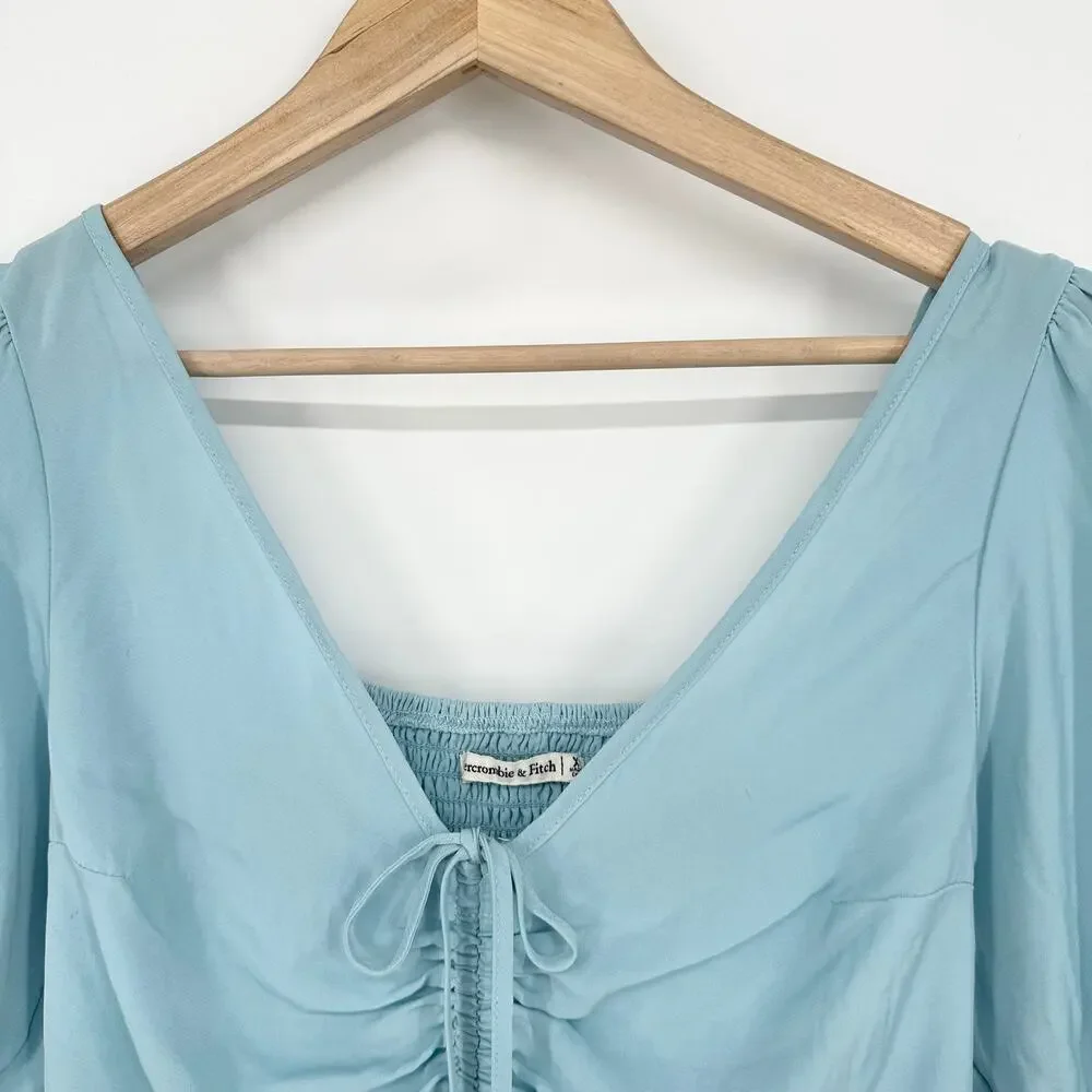 Abercrombie & Fitch Cinch Front Puff Sleeve Top V-Neck Ruffle Smocked Blouse